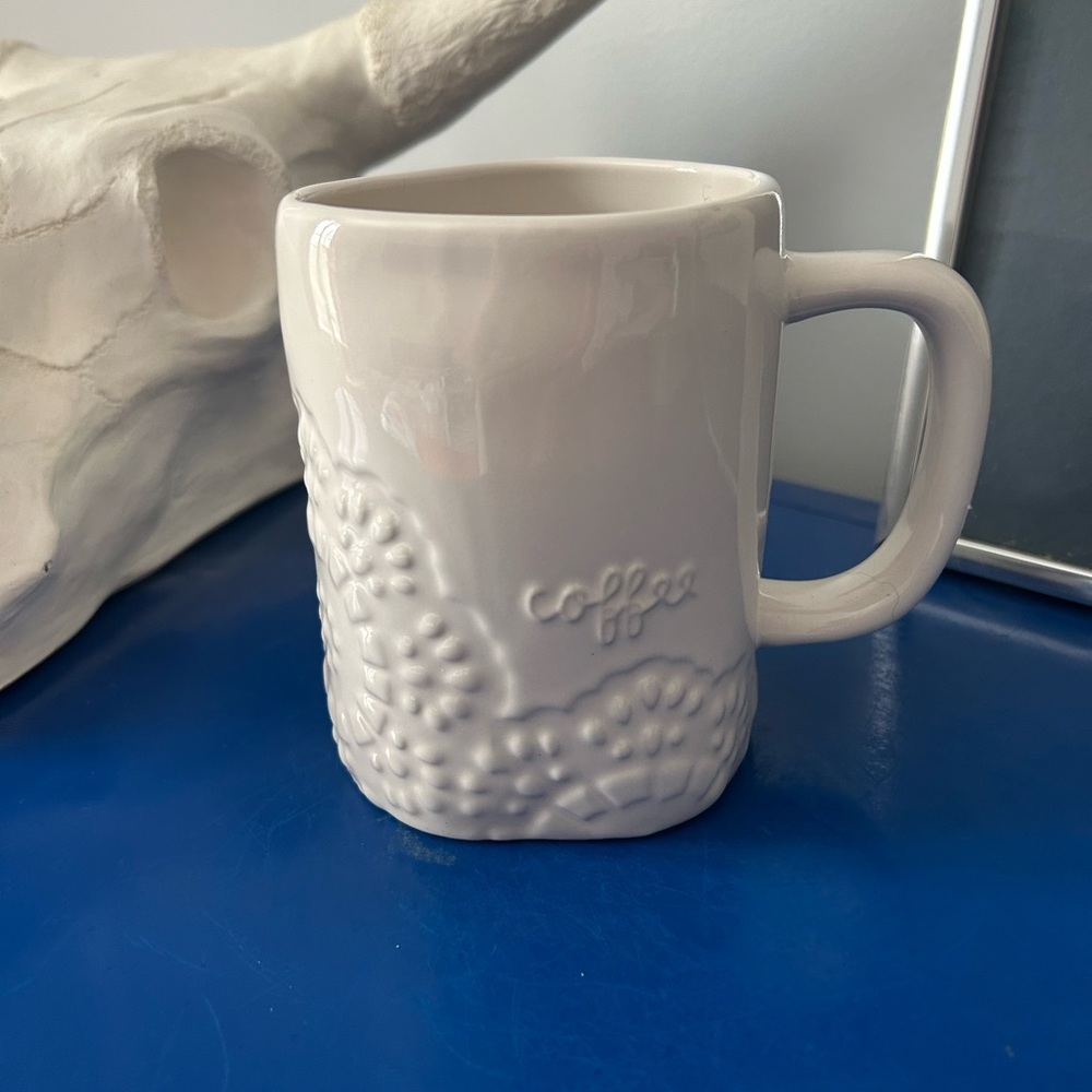 Rae Dunn Lace Design with Raised White Lettering Coffee Mug